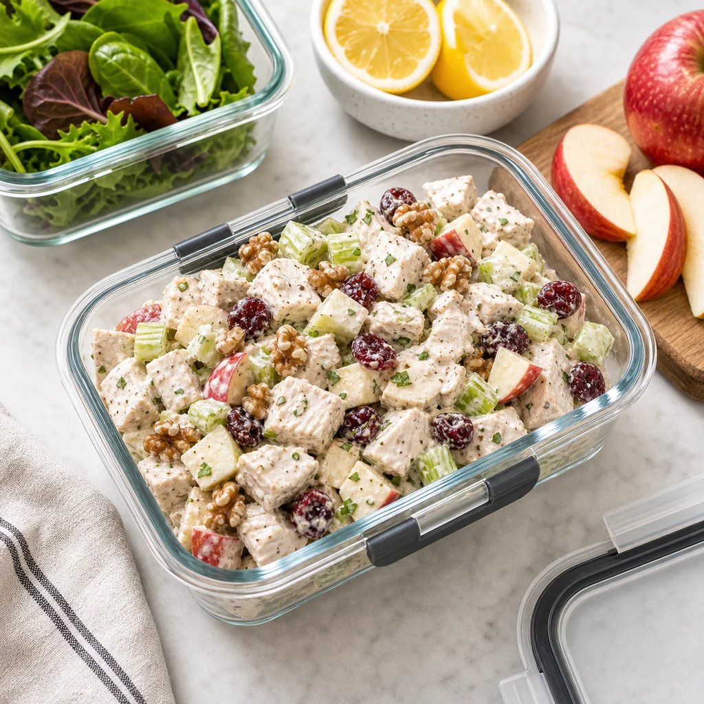 Healthy chicken salad with apples stored in a clear airtight container with lemon and greens nearby