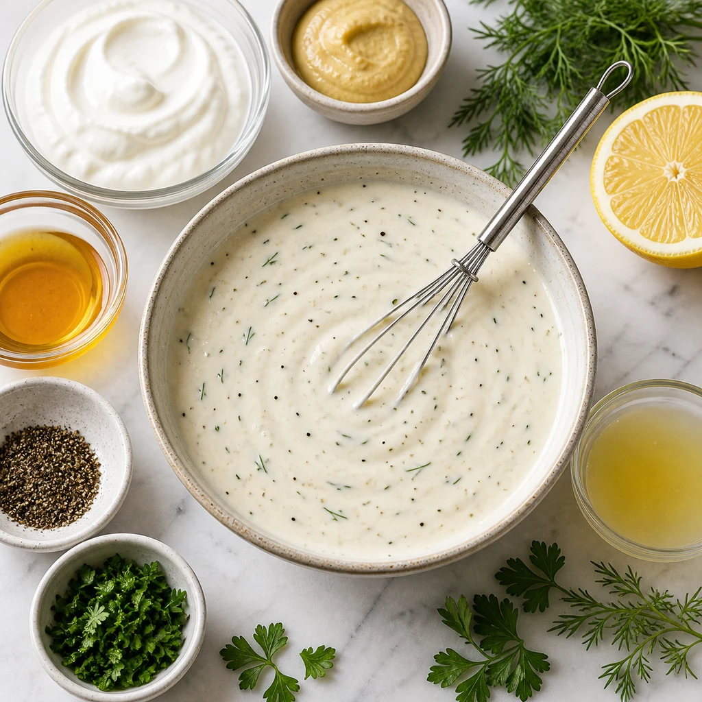 Greek yogurt dressing with Dijon mustard, lemon juice, honey, herbs, and black pepper for chicken salad