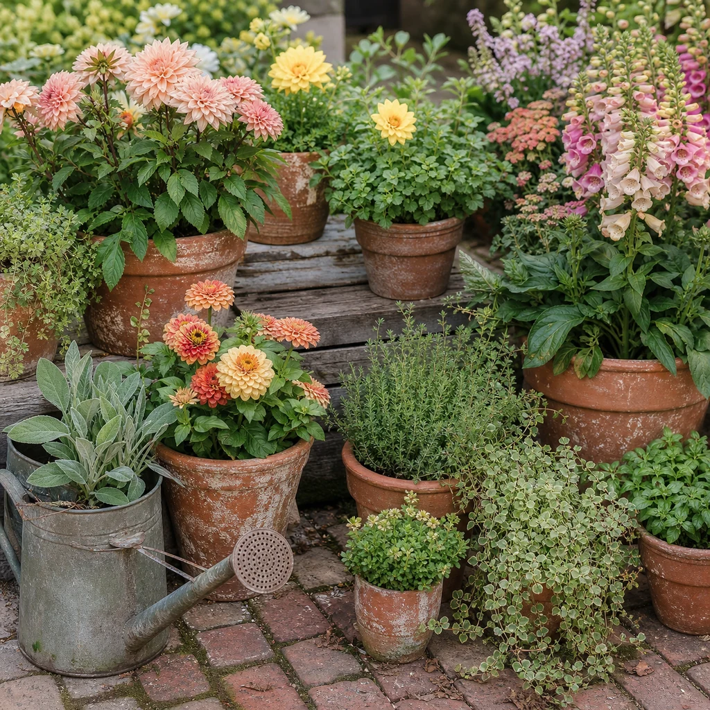 Heirloom flower container garden in terracotta pots for a nostalgic backyard