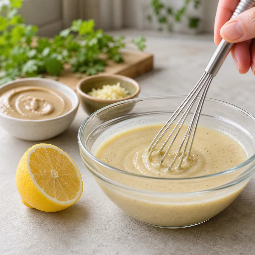 Lemon tahini dressing being whisked in a glass bowl