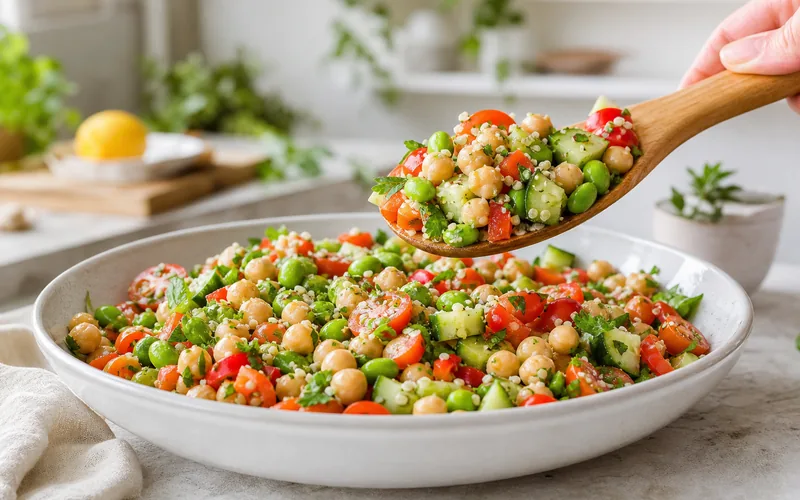 High-protein chickpea salad with edamame and crisp vegetables