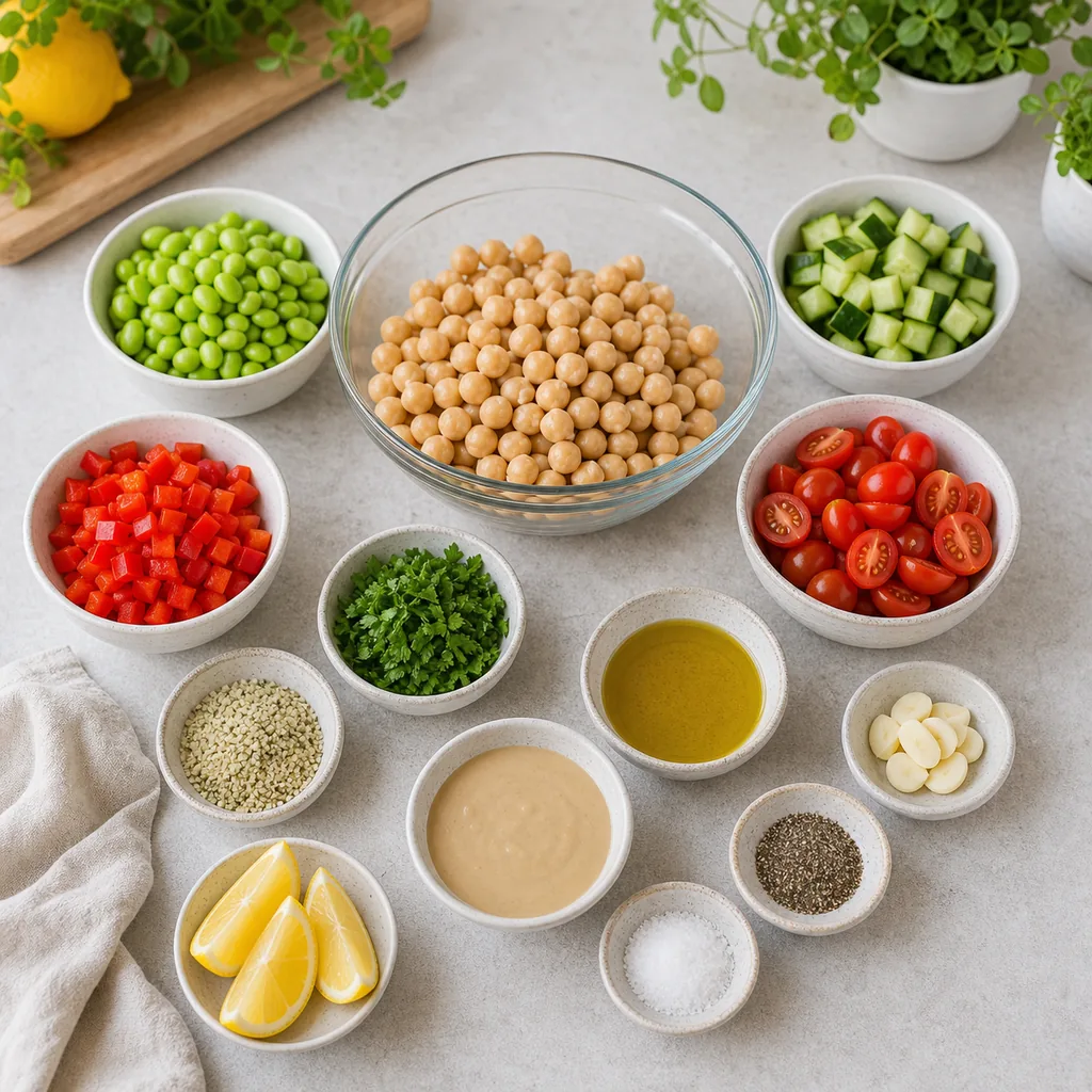 Chickpeas, edamame, vegetables, hemp hearts and tahini dressing ingredients