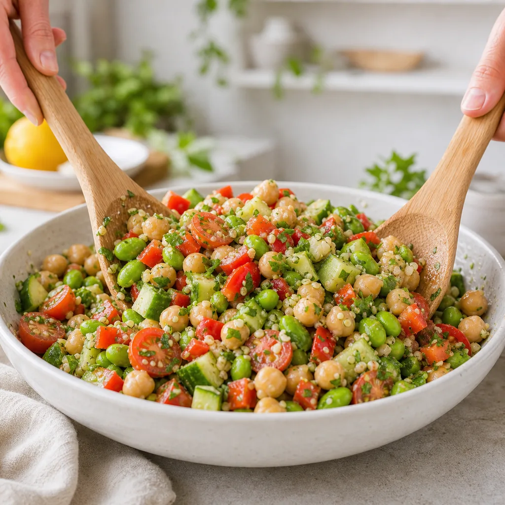 Chickpea edamame salad being tossed with lemon tahini dressing