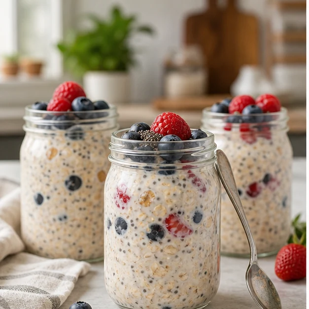 Glass jars of high protein overnight oats with berries and chia seeds