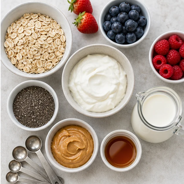 Rolled oats, Greek yogurt, milk, chia seeds, berries, peanut butter, and maple syrup