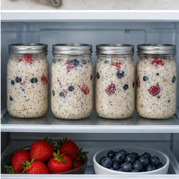 Four glass jars of high protein overnight oats stored in the refrigerator with berries