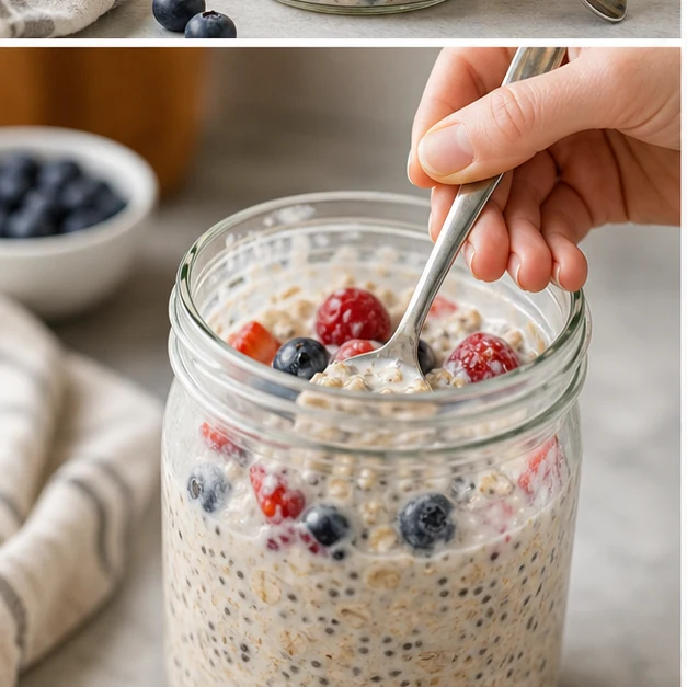 Hand stirring overnight oats with berries, chia seeds, yogurt, and milk in a glass jar