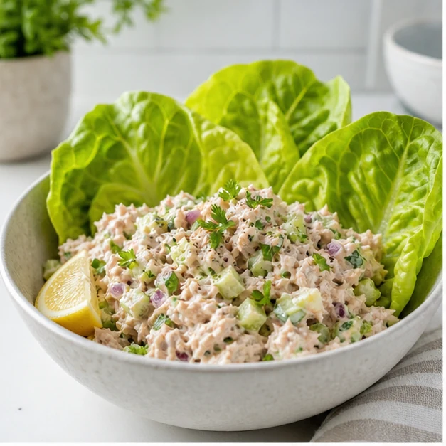 High protein tuna salad in lettuce cups with lemon, cucumber, celery, and parsley