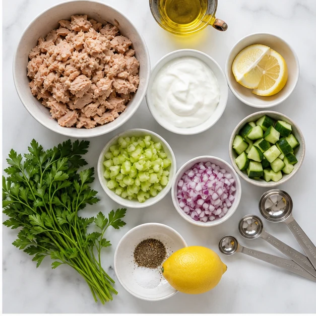 Drained tuna, Greek yogurt, cucumber, celery, red onion, lemon, parsley, olive oil, salt, and pepper