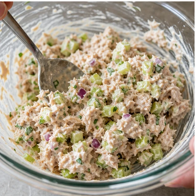 Tuna salad being mixed with Greek yogurt, celery, cucumber, red onion, and herbs