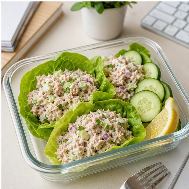 High protein tuna salad packed in lettuce cups with cucumber slices and lemon for office lunch