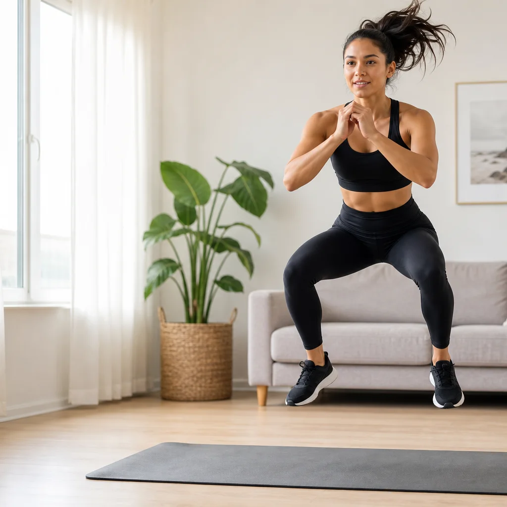Woman doing squat jumps during a bodyweight HIIT workout at home