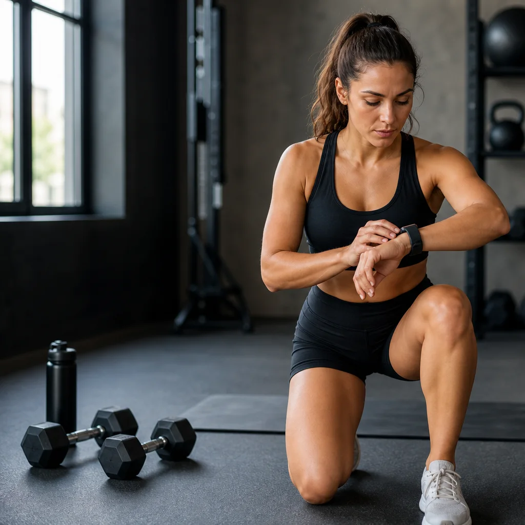 Woman preparing for a HIIT workout with fitness watch in the gym