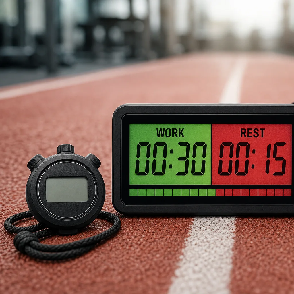 Gym timer and running shoes illustrating HIIT work and rest intervals