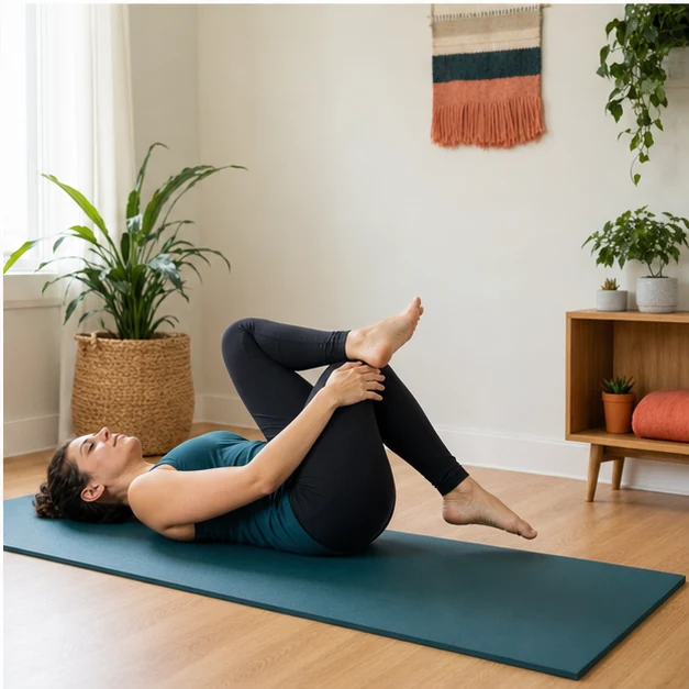 Adult holding a supine figure-four hip stretch on a mat