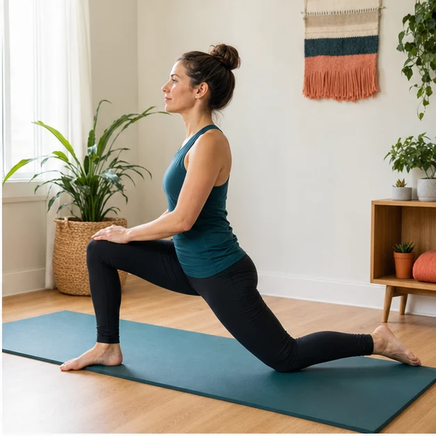Adult performing an upright half-kneeling hip flexor stretch