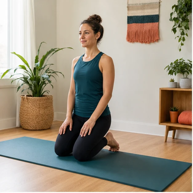 Adult kneeling on a mat ready for a hip mobility routine