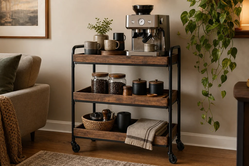 Three tier rolling coffee bar cart styled with espresso machine mugs and glass jars of coffee beans