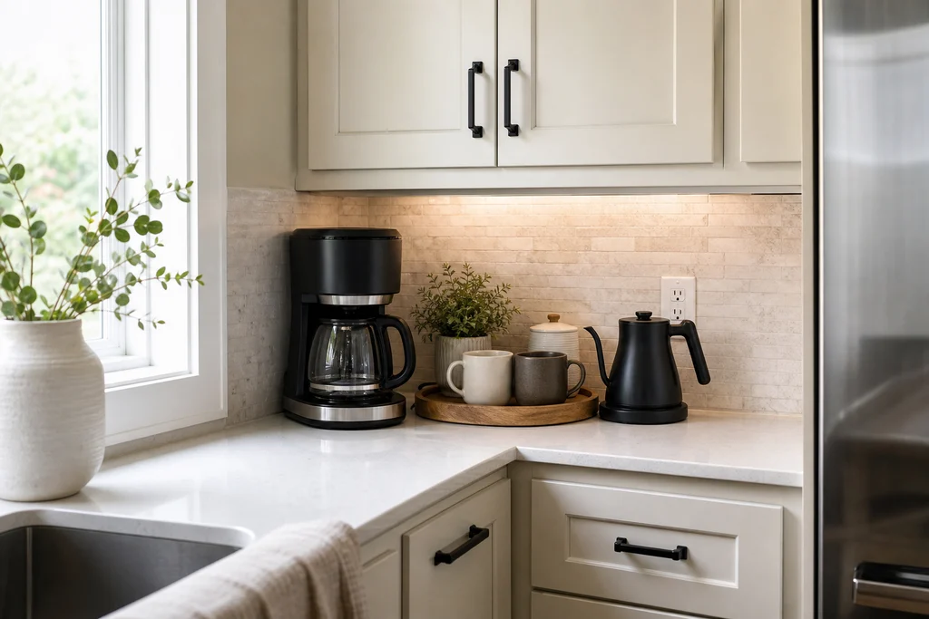 Home coffee bar set up in a bright kitchen counter corner with a coffee maker kettle and mugs near an outlet