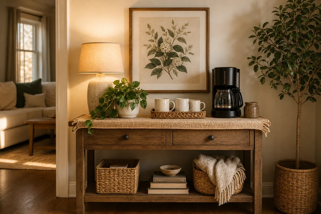Cozy home coffee nook on a wooden console with a lamp framed botanical print plant and woven baskets