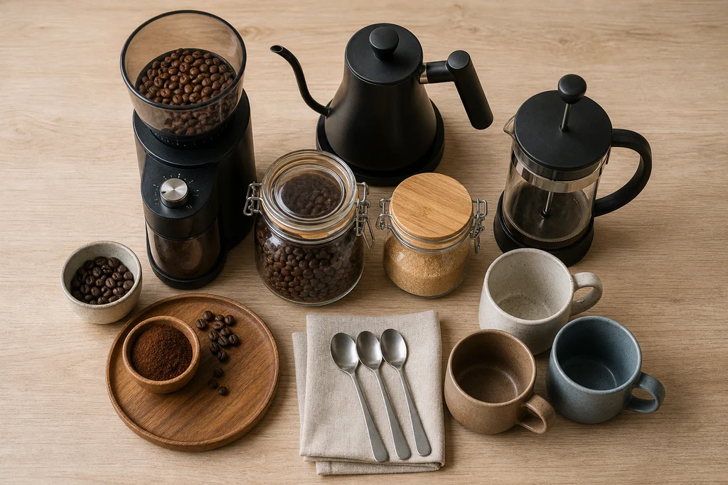 Home coffee bar essentials flat lay with grinder gooseneck kettle French press glass canisters and mugs