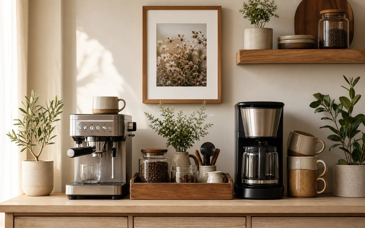 Cozy home coffee bar on a wood counter with espresso machine coffee maker glass jars and mugs