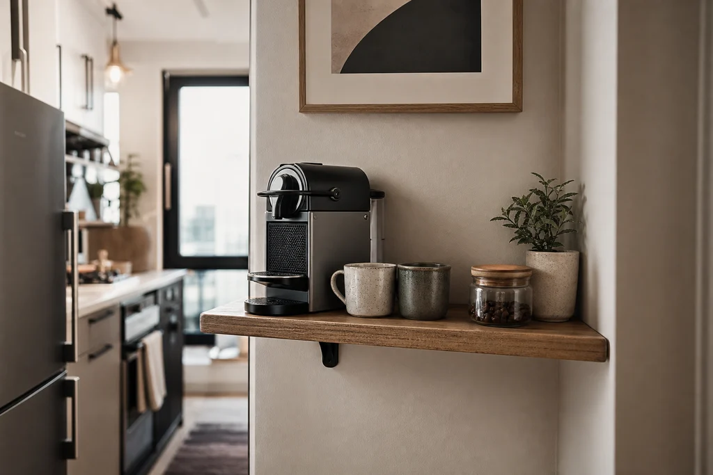 Small apartment coffee nook set up on a narrow wall ledge