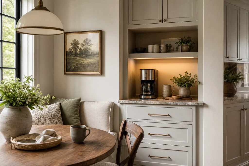 Breakfast nook built-in coffee station beside a cozy seating area