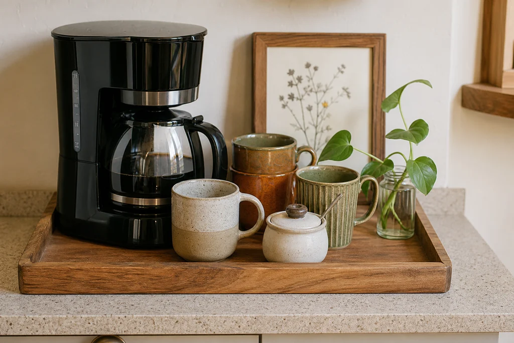 Budget-friendly tray coffee setup arranged on a tiny kitchen counter