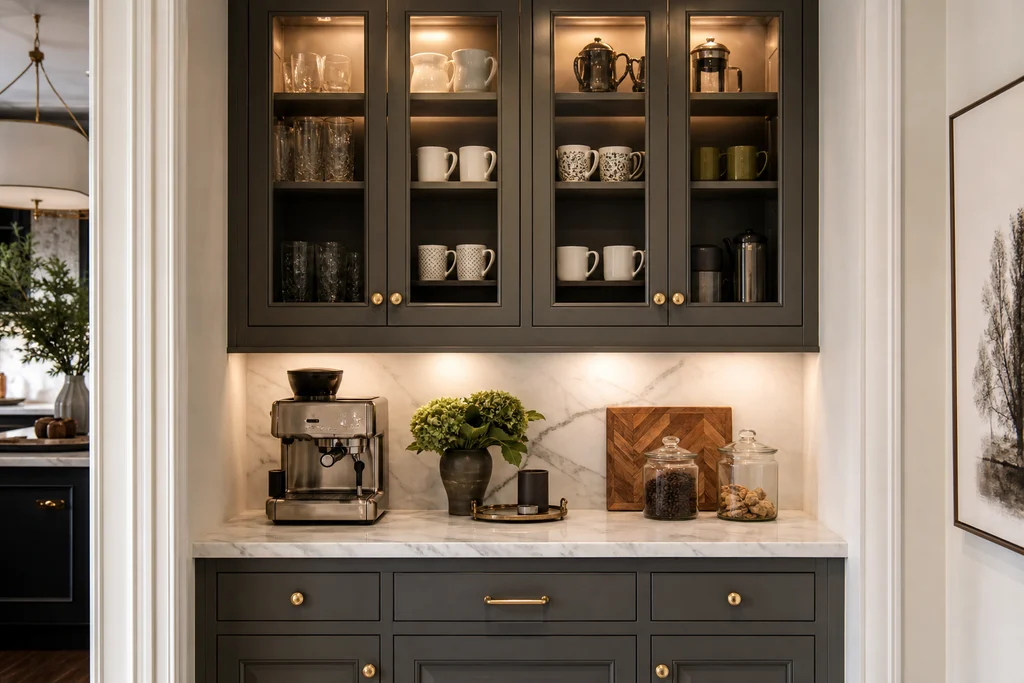 Butler's pantry coffee station with glass-front cabinets