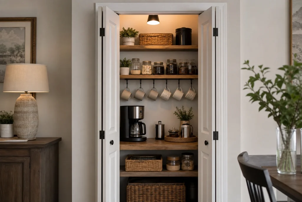 Closet conversion coffee bar with the door open to reveal shelves