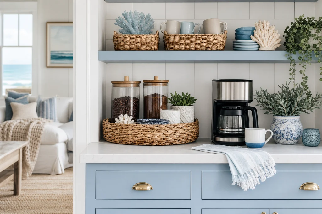 Coastal blue and white coffee bar styled with woven baskets