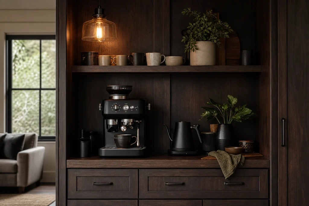 Dark wood coffee bar with a black espresso machine and warm moody lighting