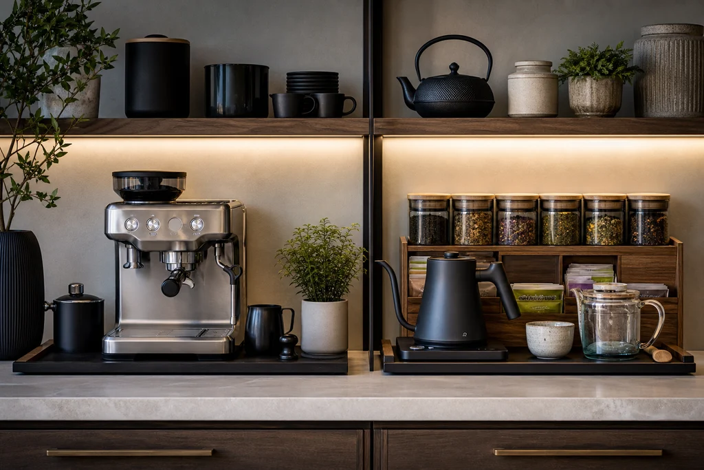 Dual zone coffee and tea station arranged side by side