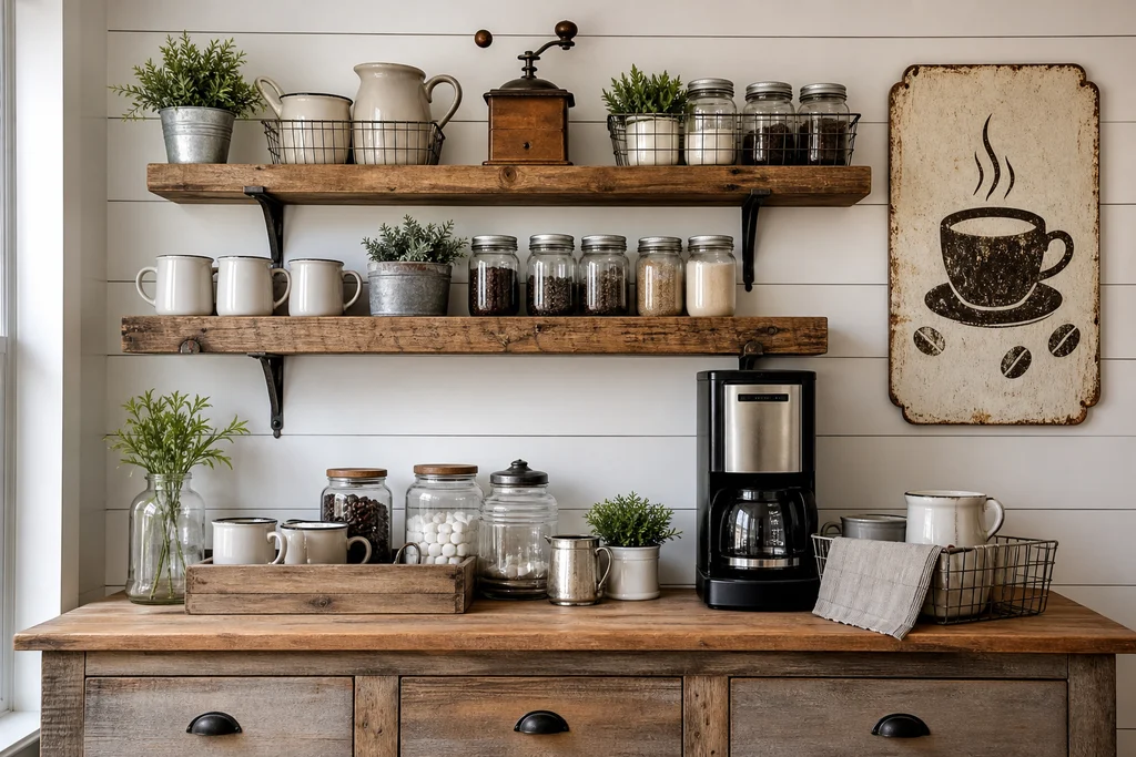 Farmhouse rustic coffee bar with shiplap wall and mason jar storage