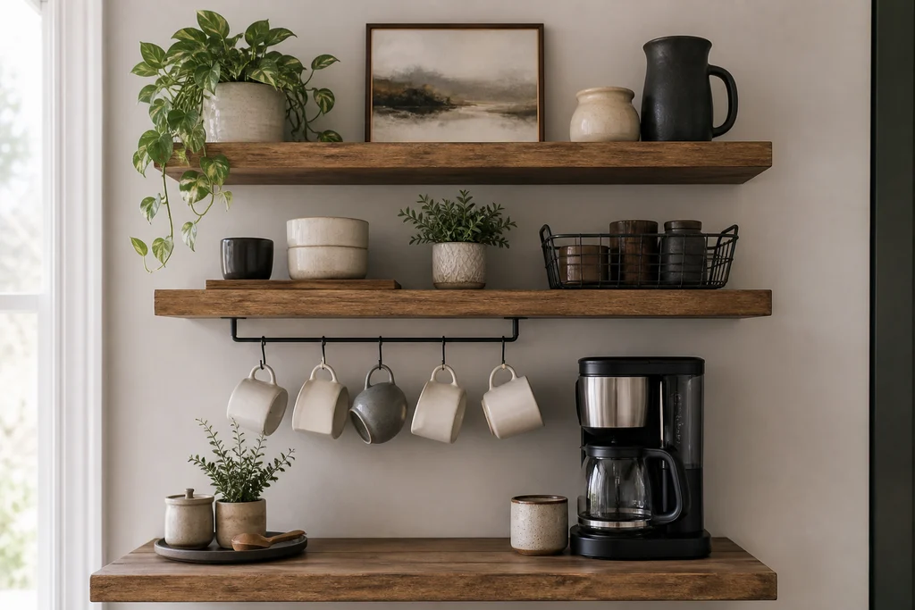 Wall-mounted floating shelf coffee bar with mugs and supplies