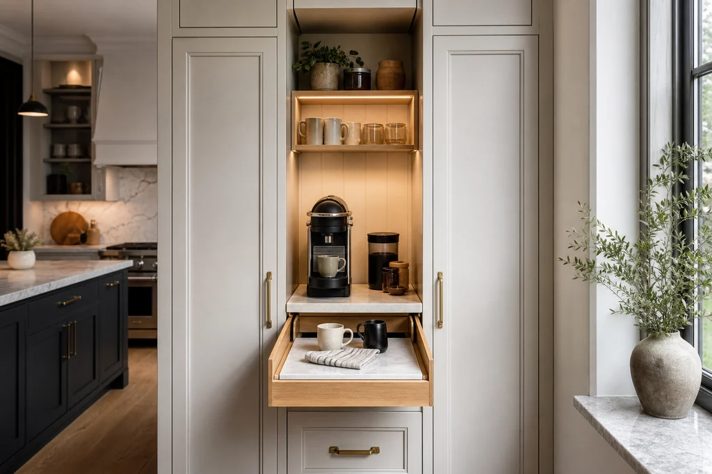 Galley kitchen slim coffee bar fitted between two cabinets