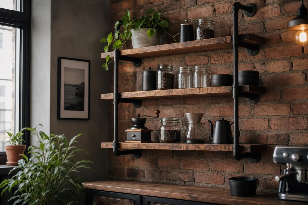 Industrial pipe shelving coffee corner with exposed metal brackets