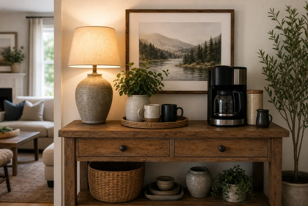 Living room coffee nook on a console table styled with a lamp