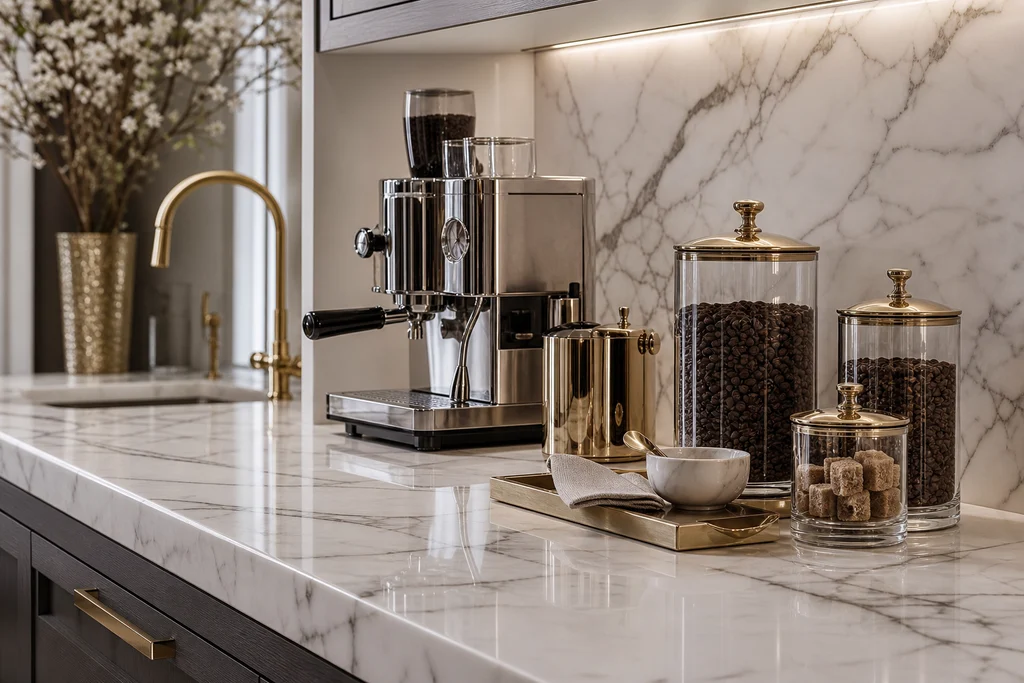 Marble countertop luxury coffee bar with elegant accessories