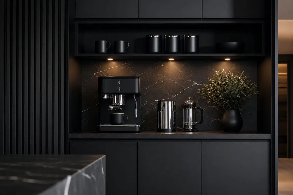 Modern matte black coffee bar with sleek minimal lines