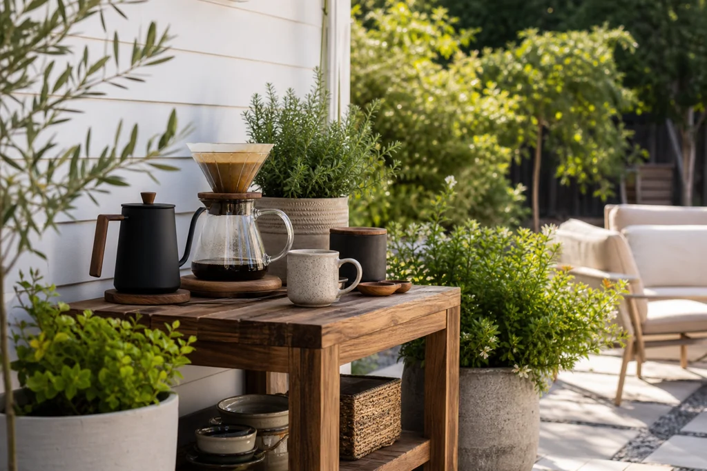 Outdoor patio coffee station surrounded by potted plants