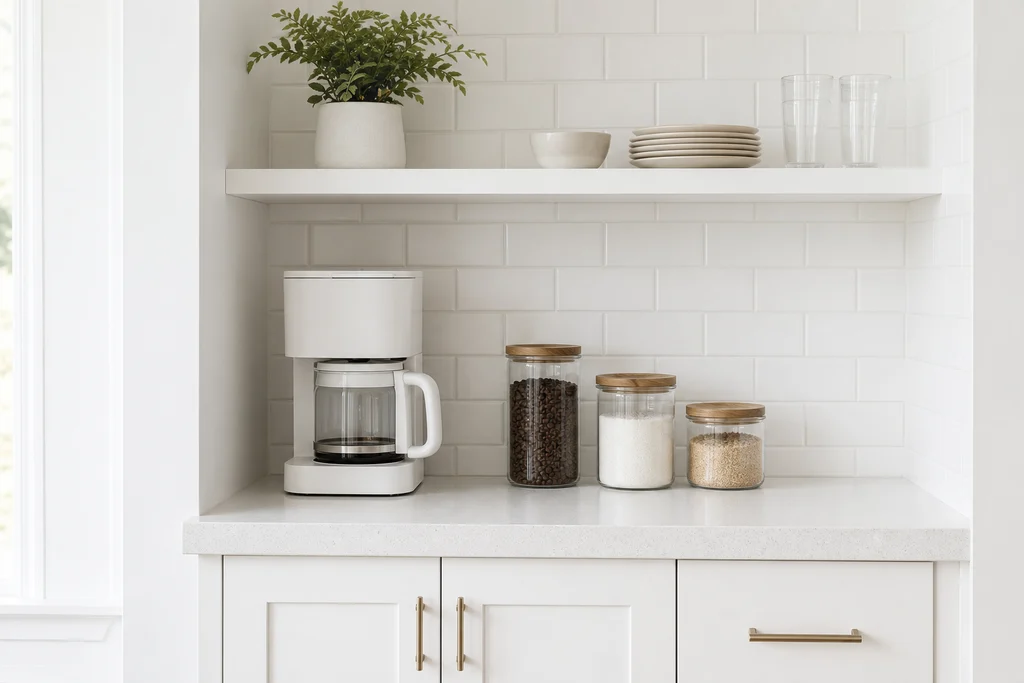 Minimalist all-white Scandinavian coffee station with clean simple styling