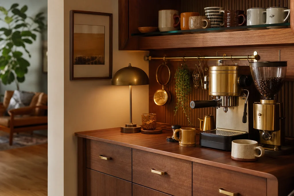 Vintage brass and walnut retro coffee corner with warm tones