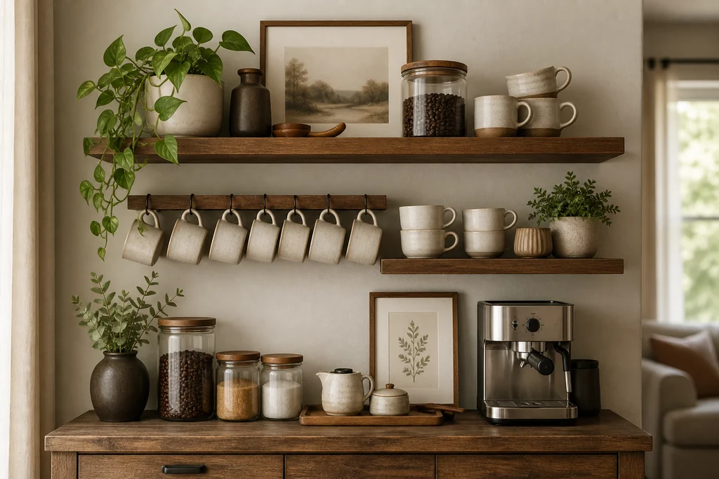 Styled open wooden shelves above a coffee bar with hanging mugs glass jars a plant and framed prints