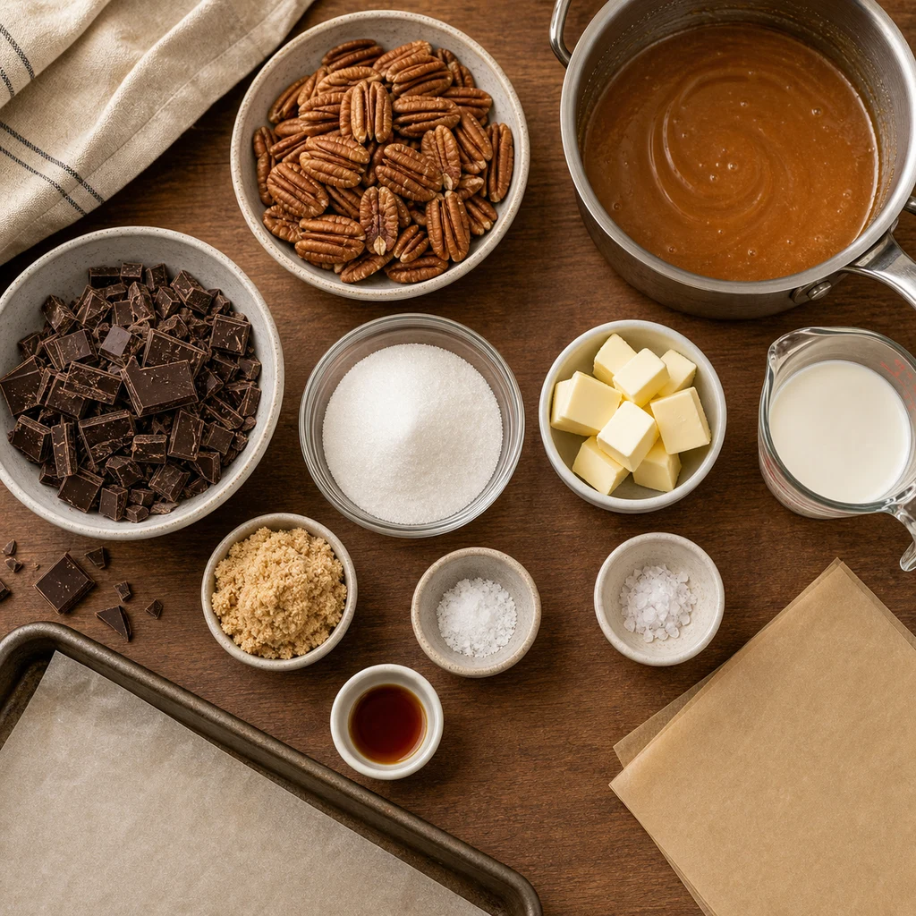Ingredients for homemade turtle clusters including pecans, chocolate, sugar, butter, cream, vanilla, salt, parchment, and a saucepan