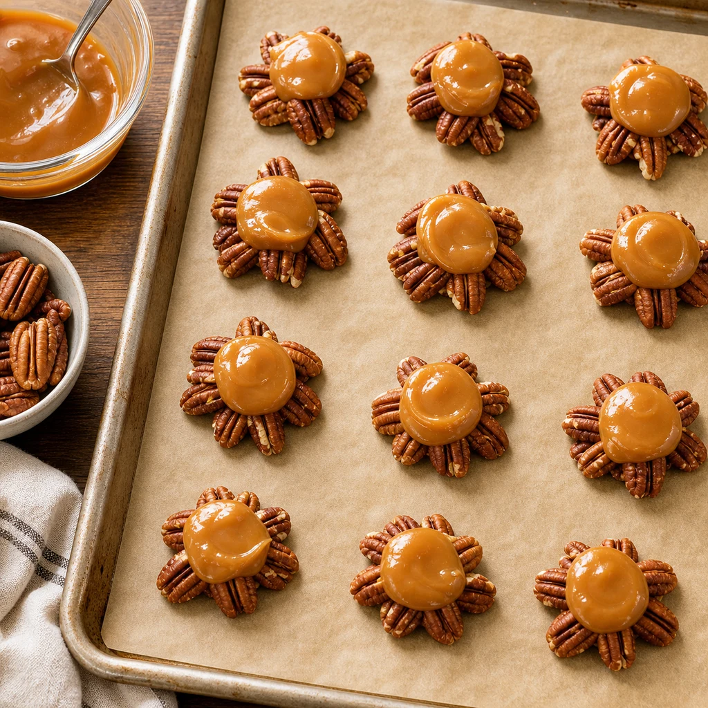 Toasted pecan piles topped with thick caramel on a parchment-lined baking sheet
