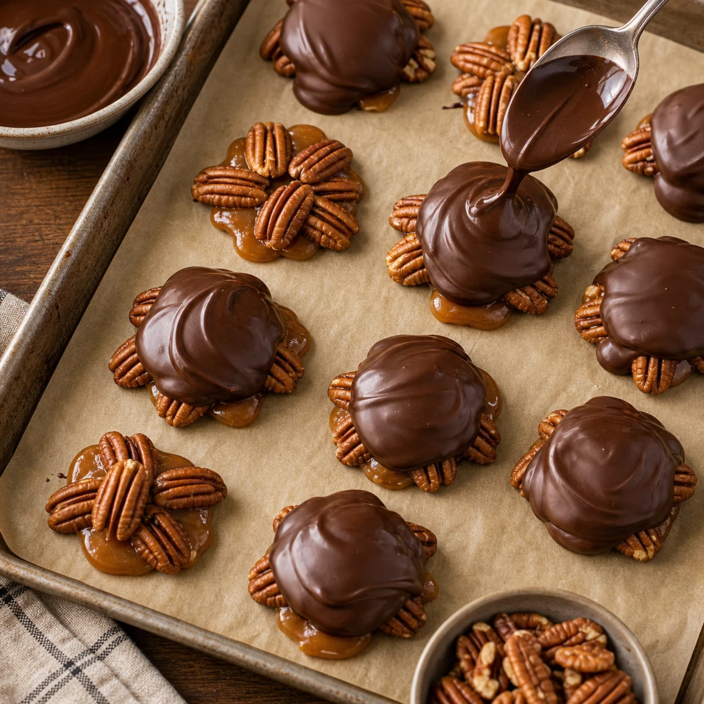 Melted chocolate spooned over caramel pecan clusters on parchment paper