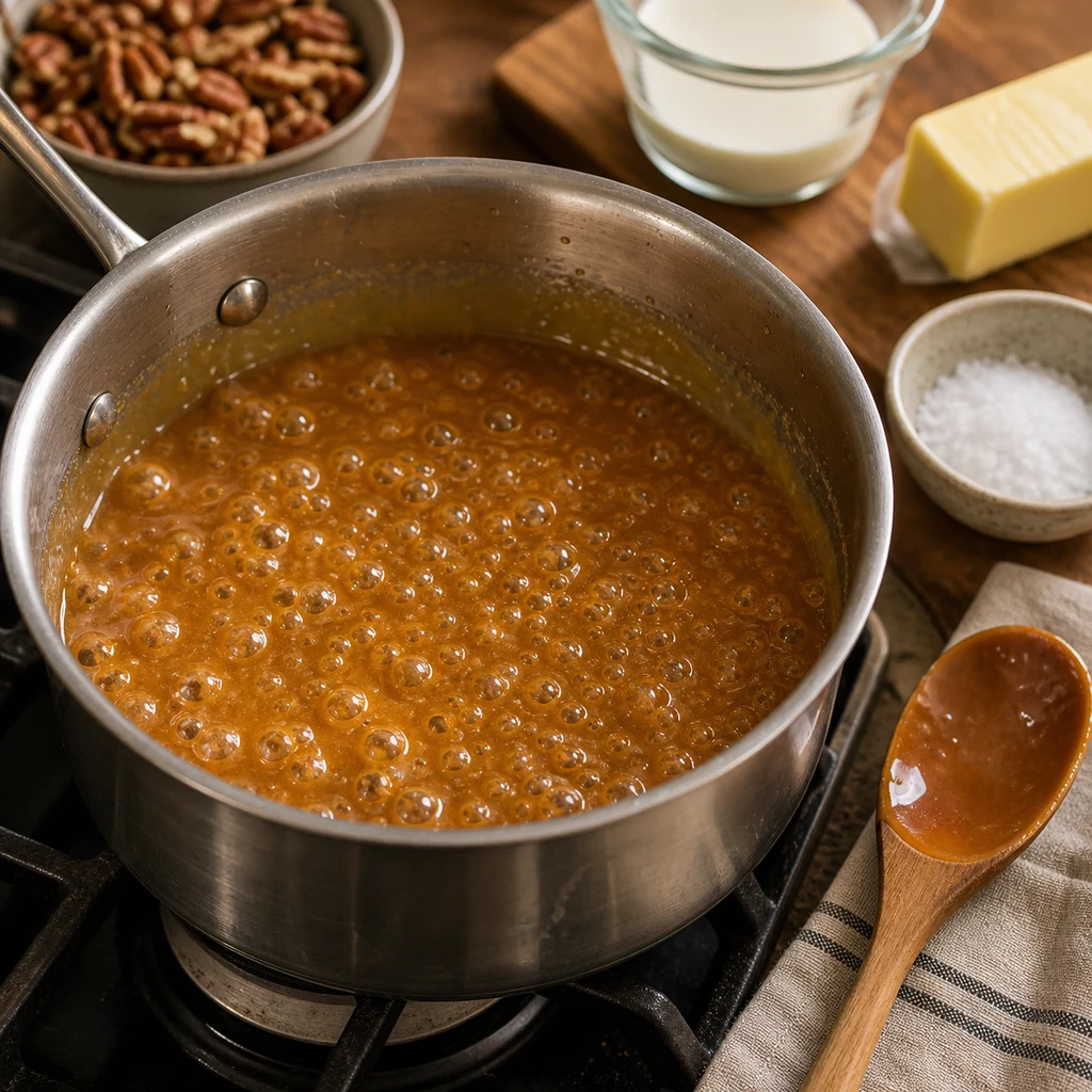 Amber caramel bubbling in a heavy saucepan with cream, butter, and salt nearby