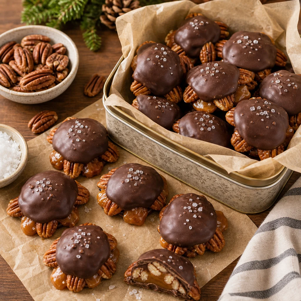 Finished turtle clusters set on parchment and stored in a parchment-lined tin with pecans and caramel visible